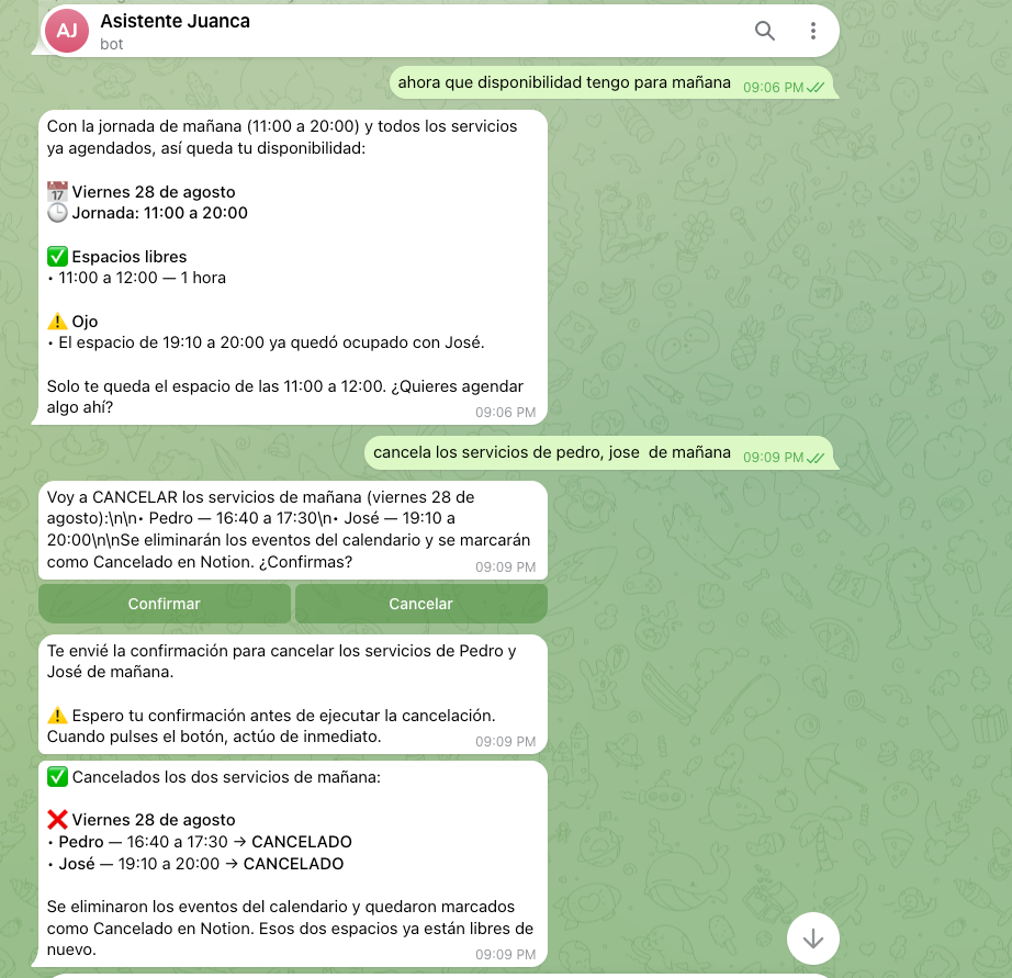 Conversación en Telegram donde el asistente solicita confirmación y cancela dos servicios